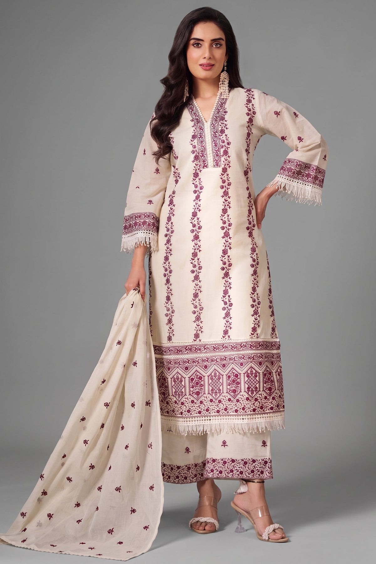 Off White Cotton Embroidered Straight Cut Suit front view fabric details