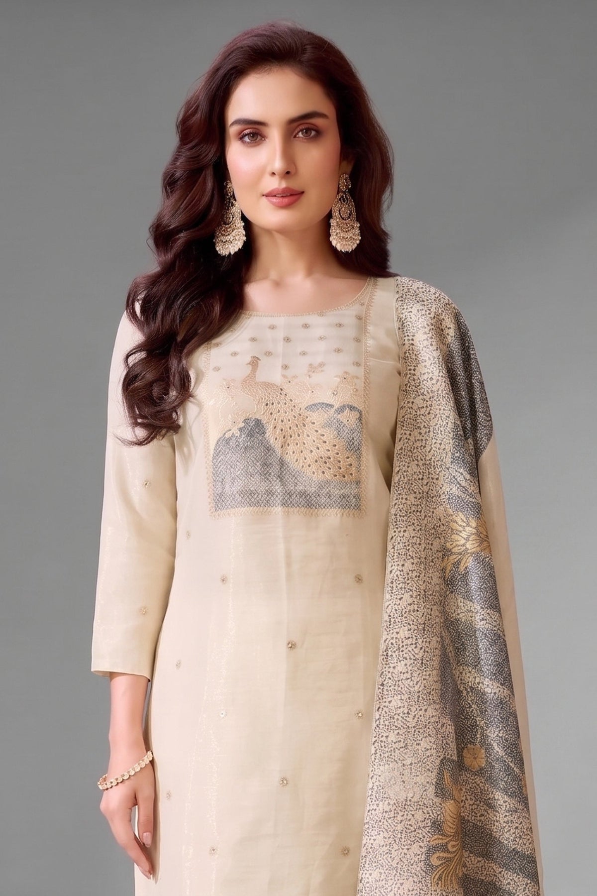 Cream Tissue Floral Woven and Peacock Motif Straight Cut Suit - cream saree