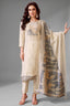 Cream Tissue Straight Cut Suit with Floral Woven Peacock Motif - Front View