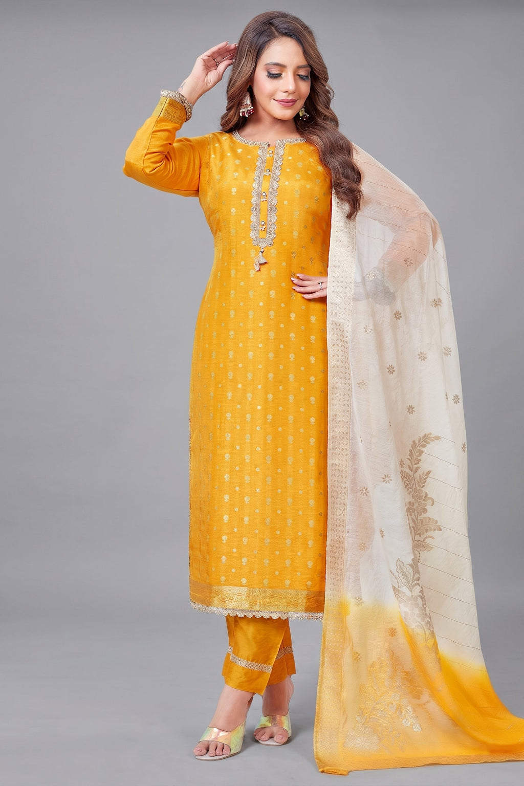 Yellow Art Silk Woven Straight Cut Suit - Front View