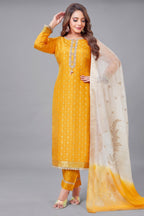 Yellow Art Silk Woven Straight Cut Suit - Front View
