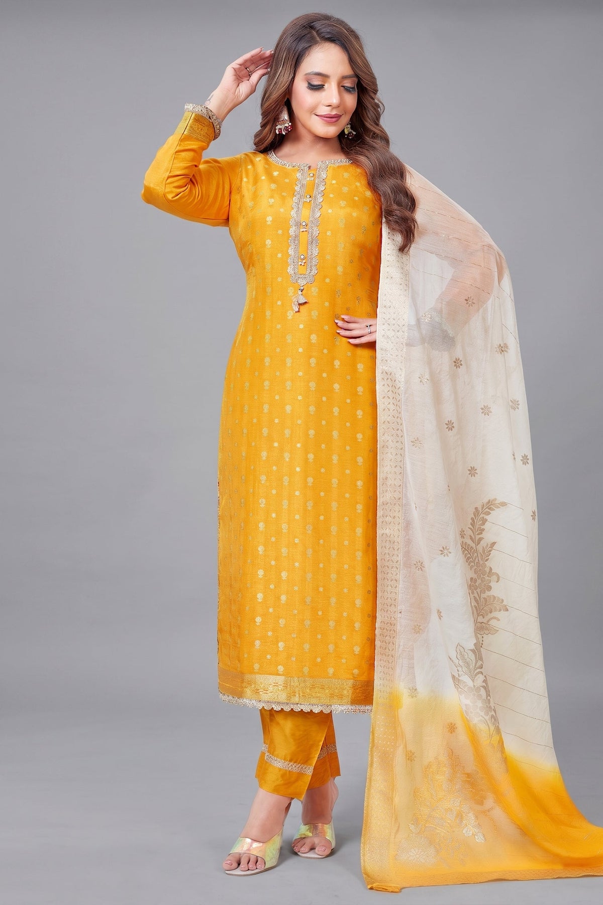 Yellow Art Silk Woven Straight Cut Suit - Front View