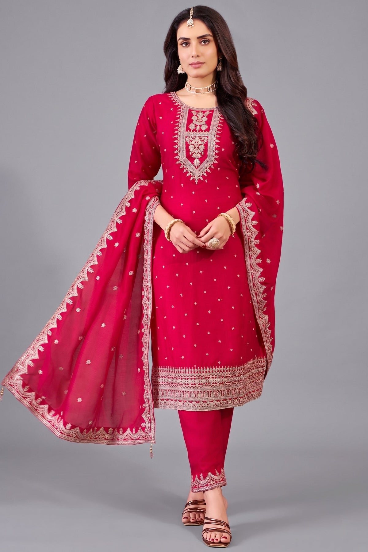 Rani Pink Art Silk Straight Cut Suit with Sequin and Embroidery Work