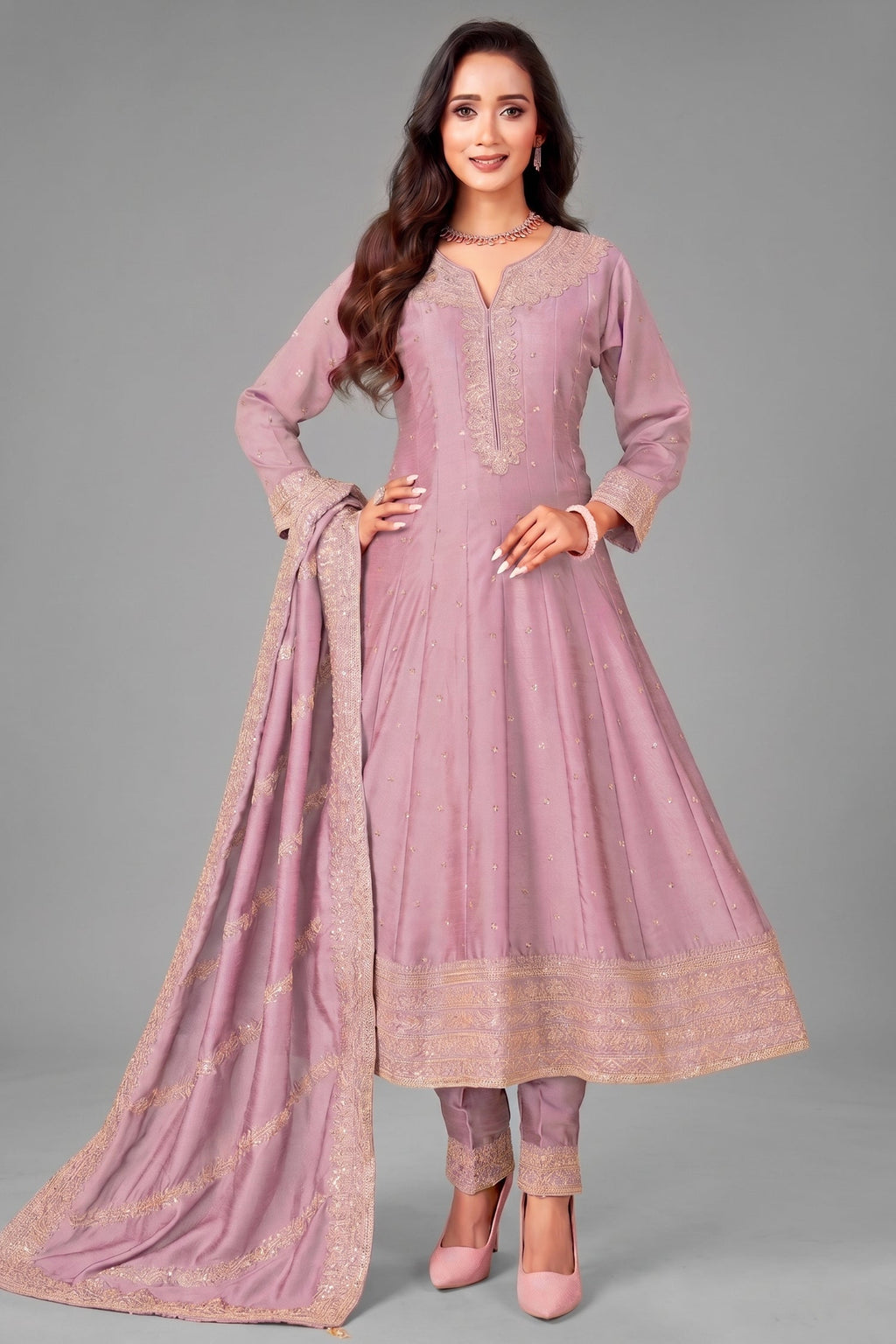 Light Purple Art Silk Sequin Worked Anarkali Suit