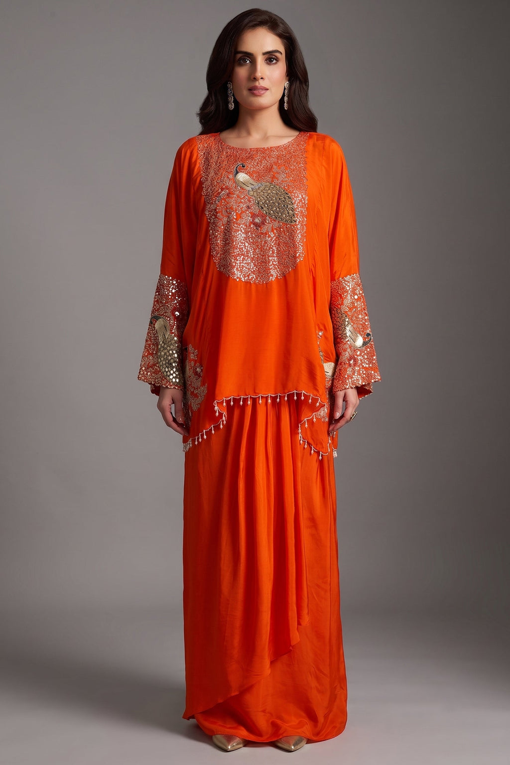 Orange Satin Sequin and Embroidery Worked Kaftan Style Top with Draped Skirt