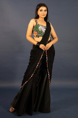 Black Lycra Net Beaded and Cutdana Worked Readymade Saree