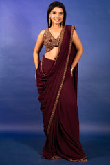 Purple Georgette Crepe Pre Draped Saree with Metallic Work Blouse