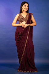 Purple Georgette Crepe Pre Draped Saree with Metallic Work Blouse