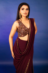 Purple Georgette Crepe Pre Draped Saree with Metallic Work Blouse