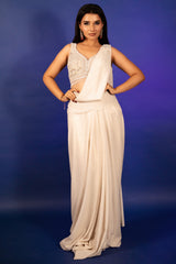 Off White Imported Lycra Readymade Saree with Cutdana and Diamond Work