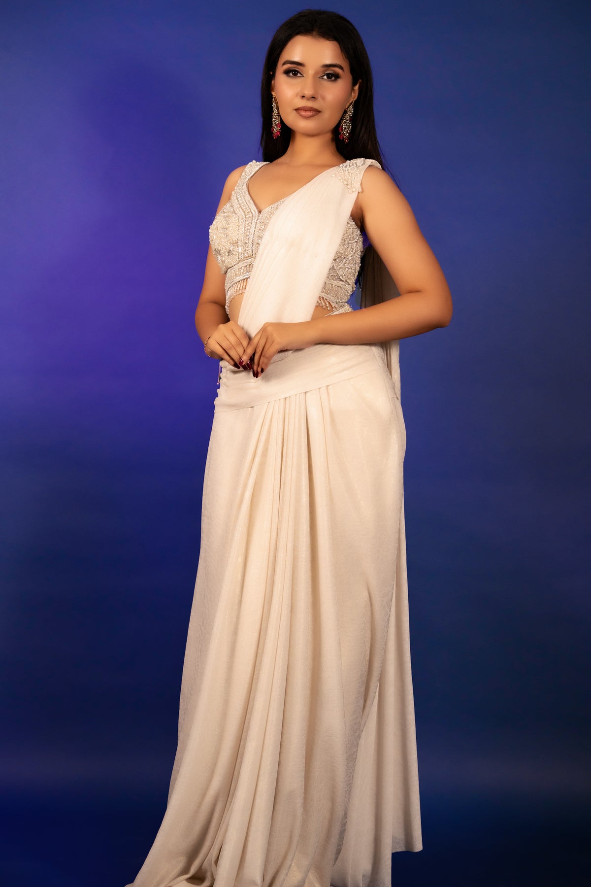 Off White Imported Lycra Ready-made Saree with Cutdana and Diamond Work