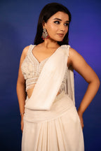 Off White Imported Lycra Readymade Saree with Cutdana and Diamond Work