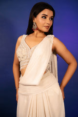 Off White Imported Lycra Readymade Saree with Cutdana and Diamond Work