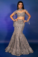 Powder Blue Net Fish Cut Designer Cutdana Sequin Worked Lehenga with Embellished Cape Blouse