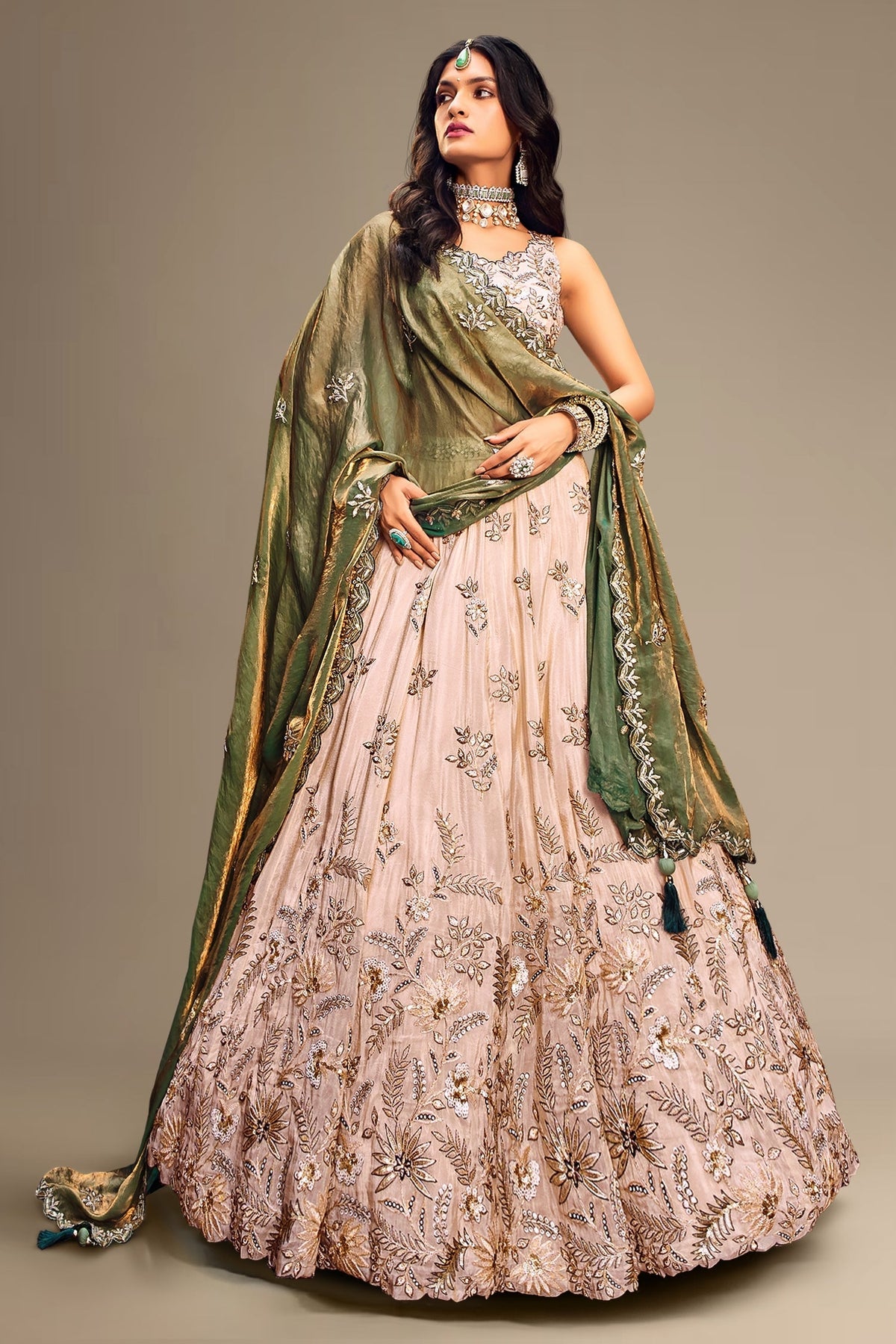 Beige Viscose Rayon Embroidered Sequin Worked Lehenga