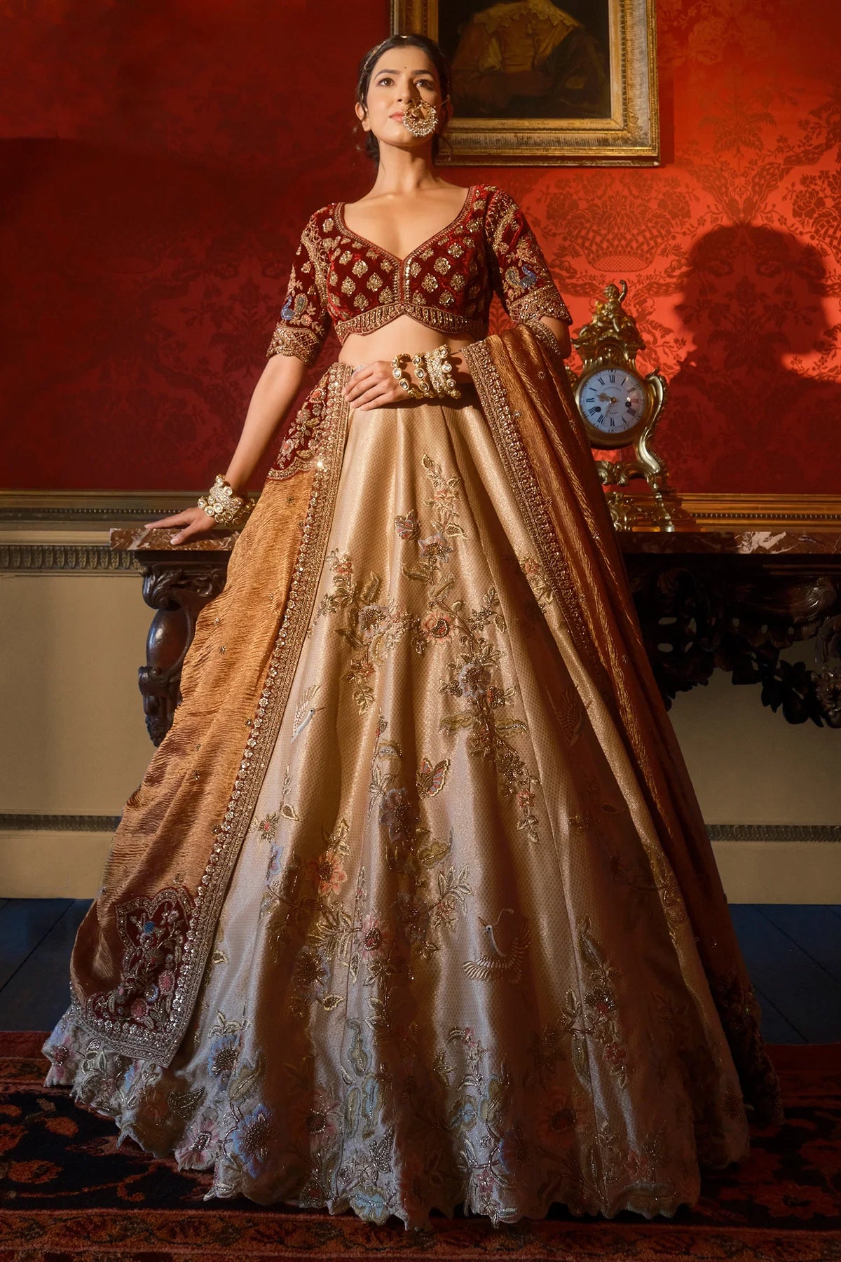 Golden Designer Lehenga in Banarasi Silk with Embroidered Floral and Bird Motifs