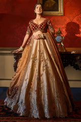 Golden Designer Lehenga in Banarasi Silk with Embroidered Floral and Bird Motifs