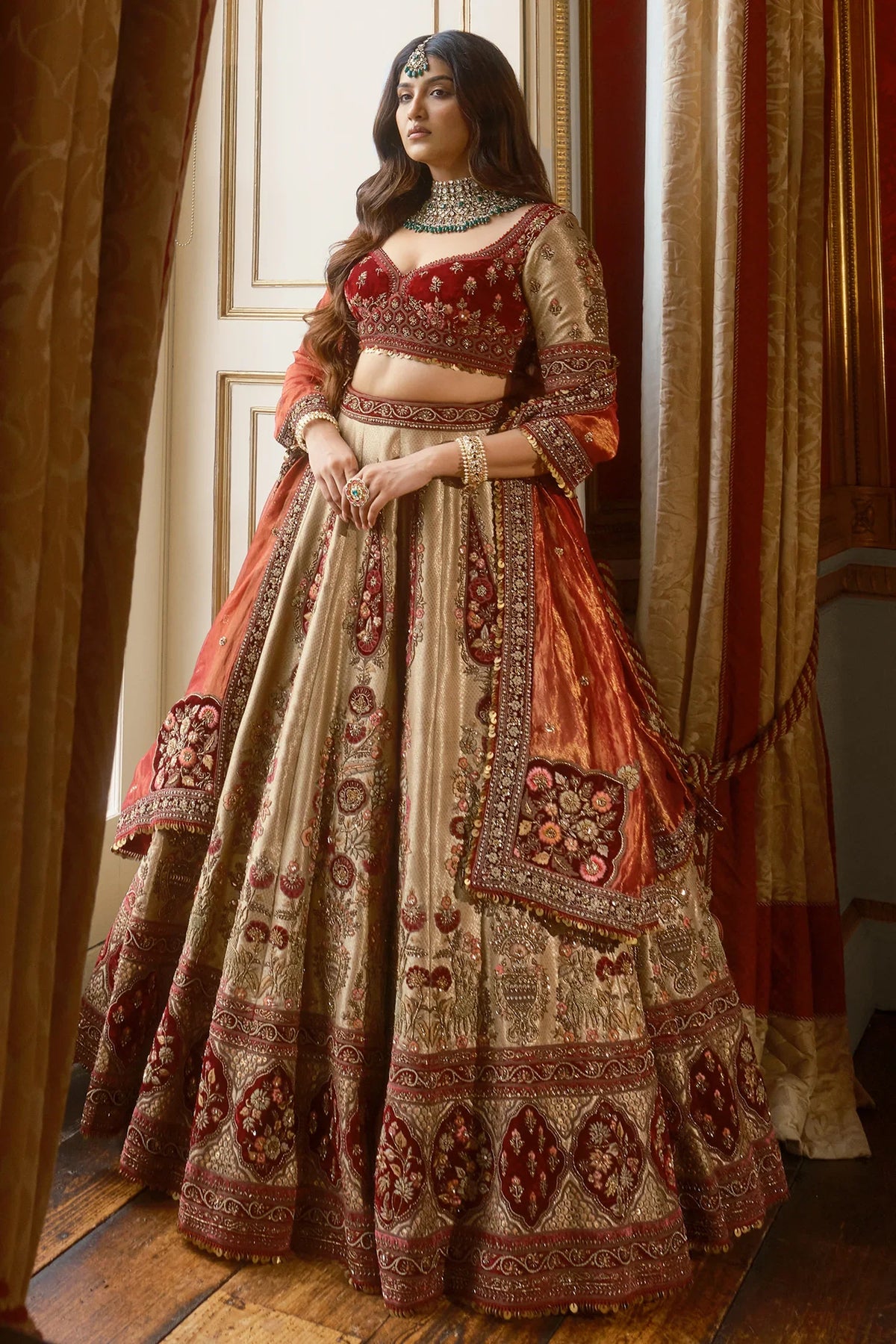 Golden Designer Velvet Patch Work Lehenga in Banarasi Silk with Zardosi