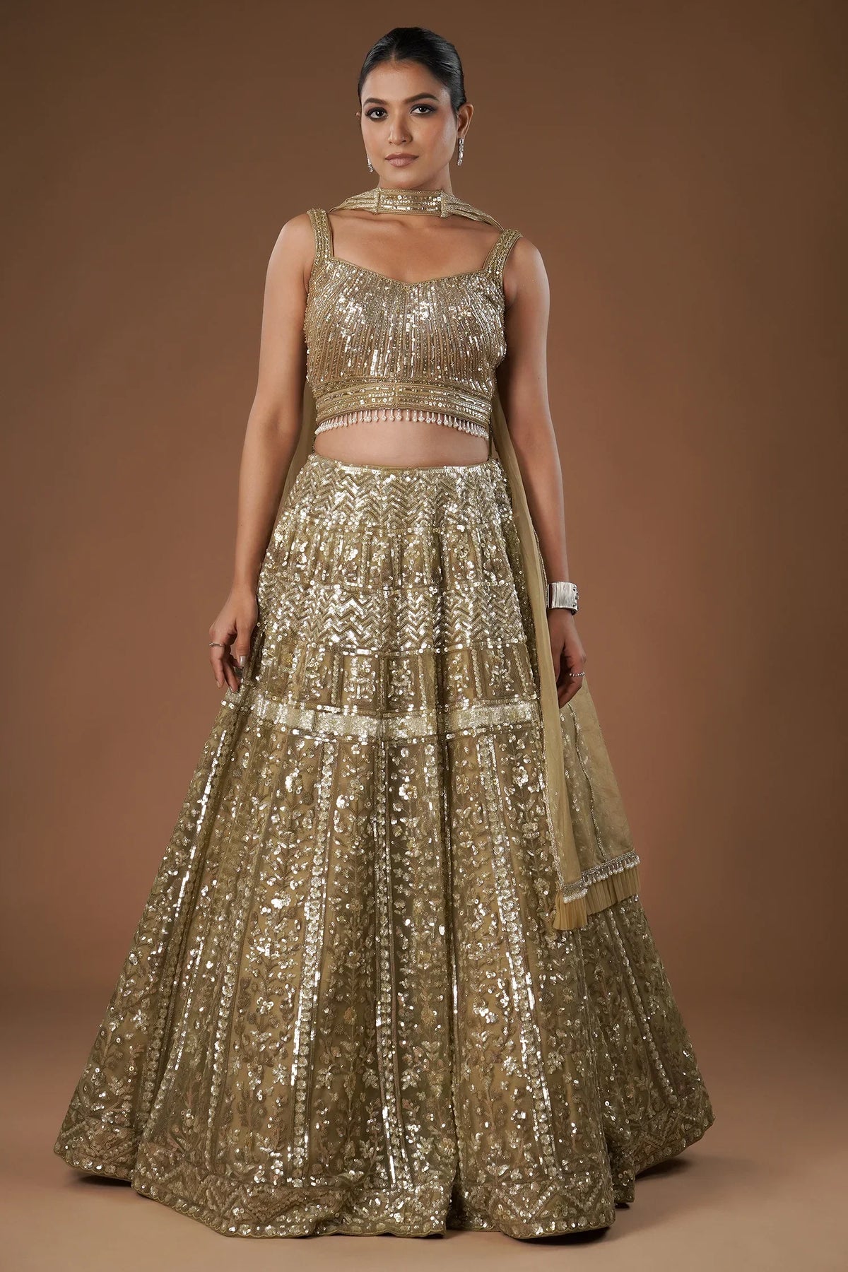Brown Net Sequinned Designer Lehenga