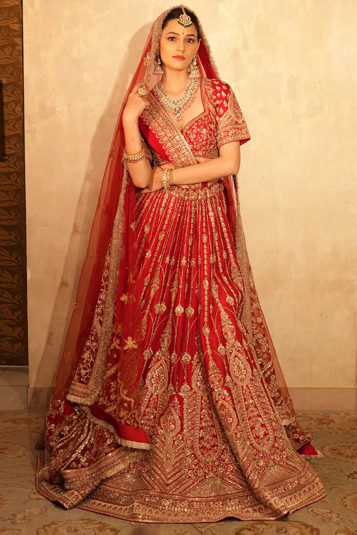 Red Raw Silk Designer Zardosi and Cutdana Worked Bridal Lehenga