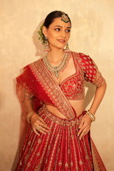 Red Raw Silk Designer Zardosi and Cutdana Worked Bridal Lehenga