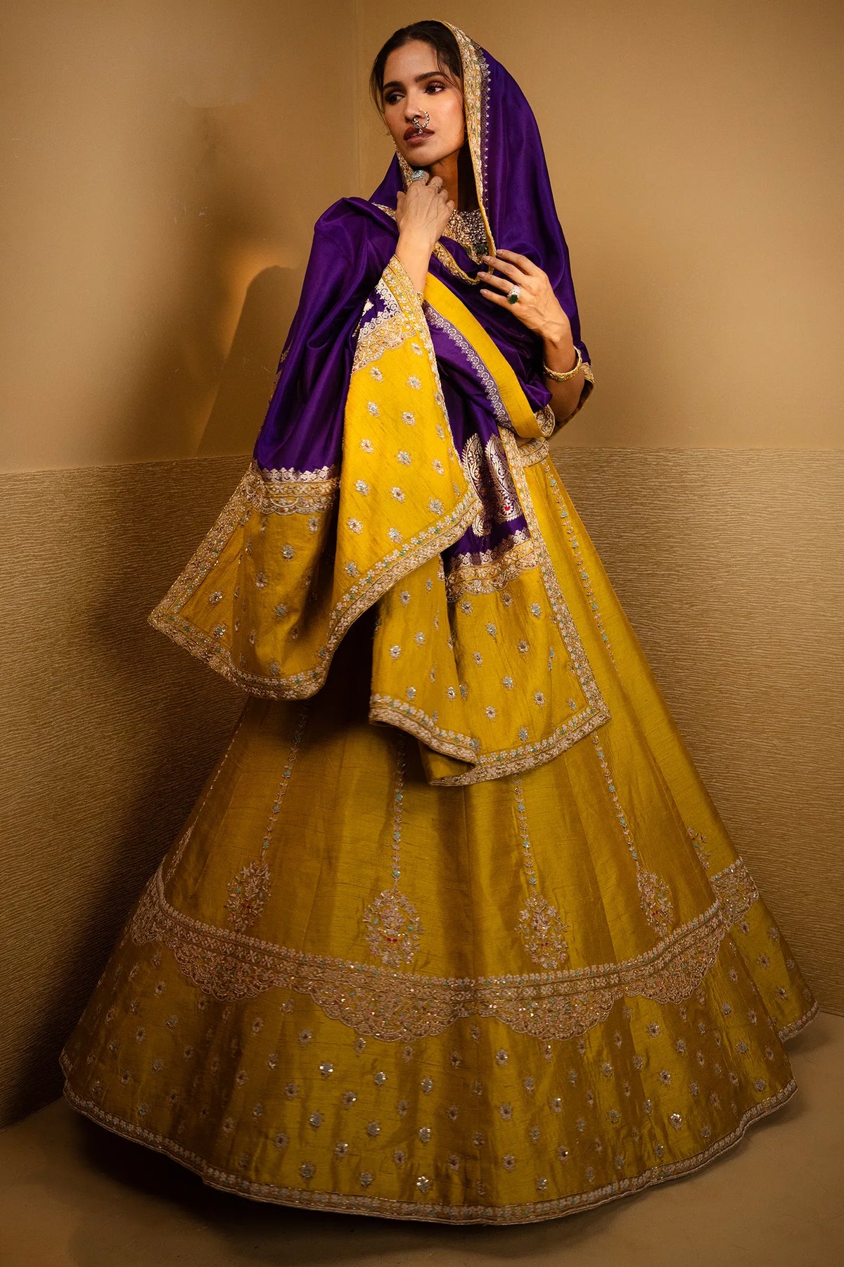Yellow Raw Silk Designer Handworked Lehenga with Crew Neck Blouse