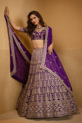 Purple Raw Silk Scallop Jaal Designer Handworked Lehenga with V Neck Blouse