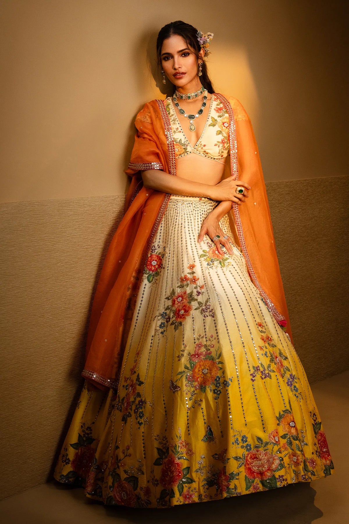 Yellow Ombre Raw Silk Designer Floral Motifs and Mirror Worked Lehenga with Deep V Neckline Blouse