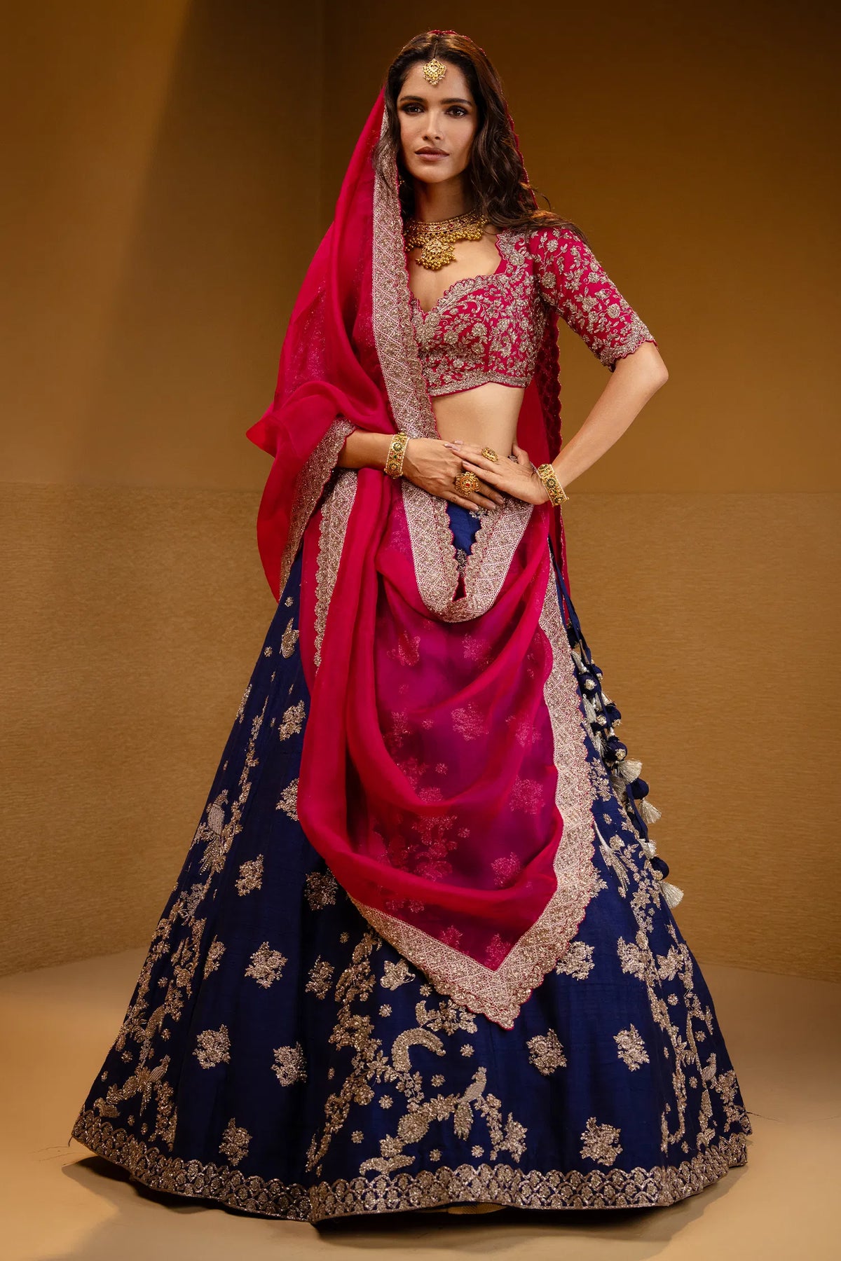 Indigo Blue Raw Silk Heavy Designer Handworked Lehenga with Curved Sweet-Heart Neck Blouse