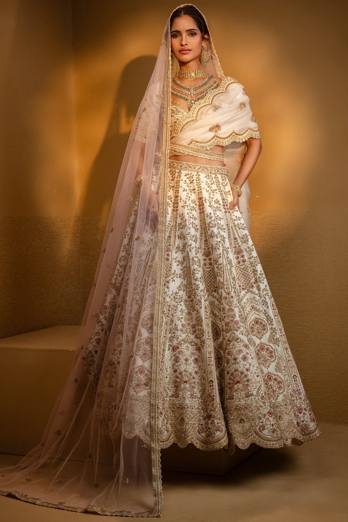 Cream Raw Silk Heavy Designer Bridal Lehenga with Scallop V Neckline and Double Dupatta
