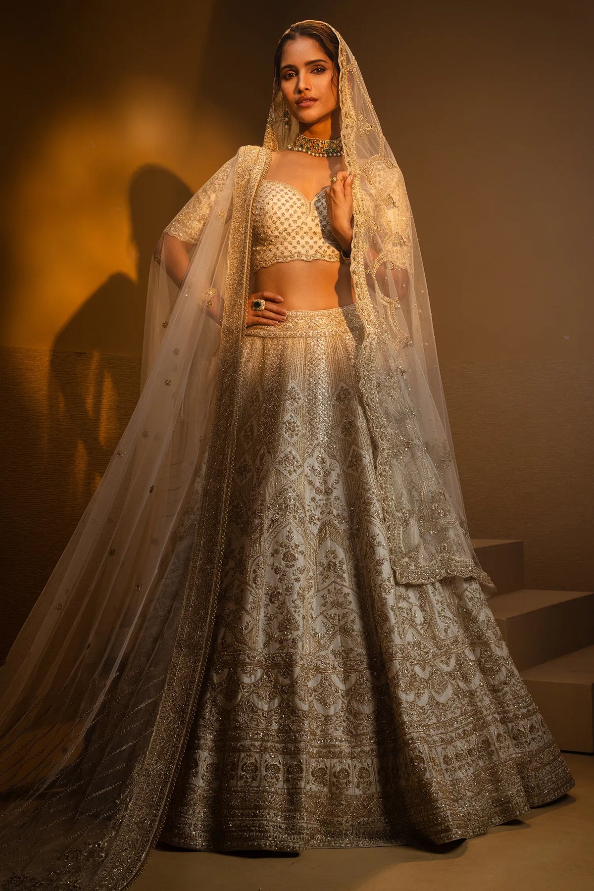 Cream Raw Silk Designer Heavy Bridal Lehenga with Sweet Heart Neck Blouse and Double Dupatta