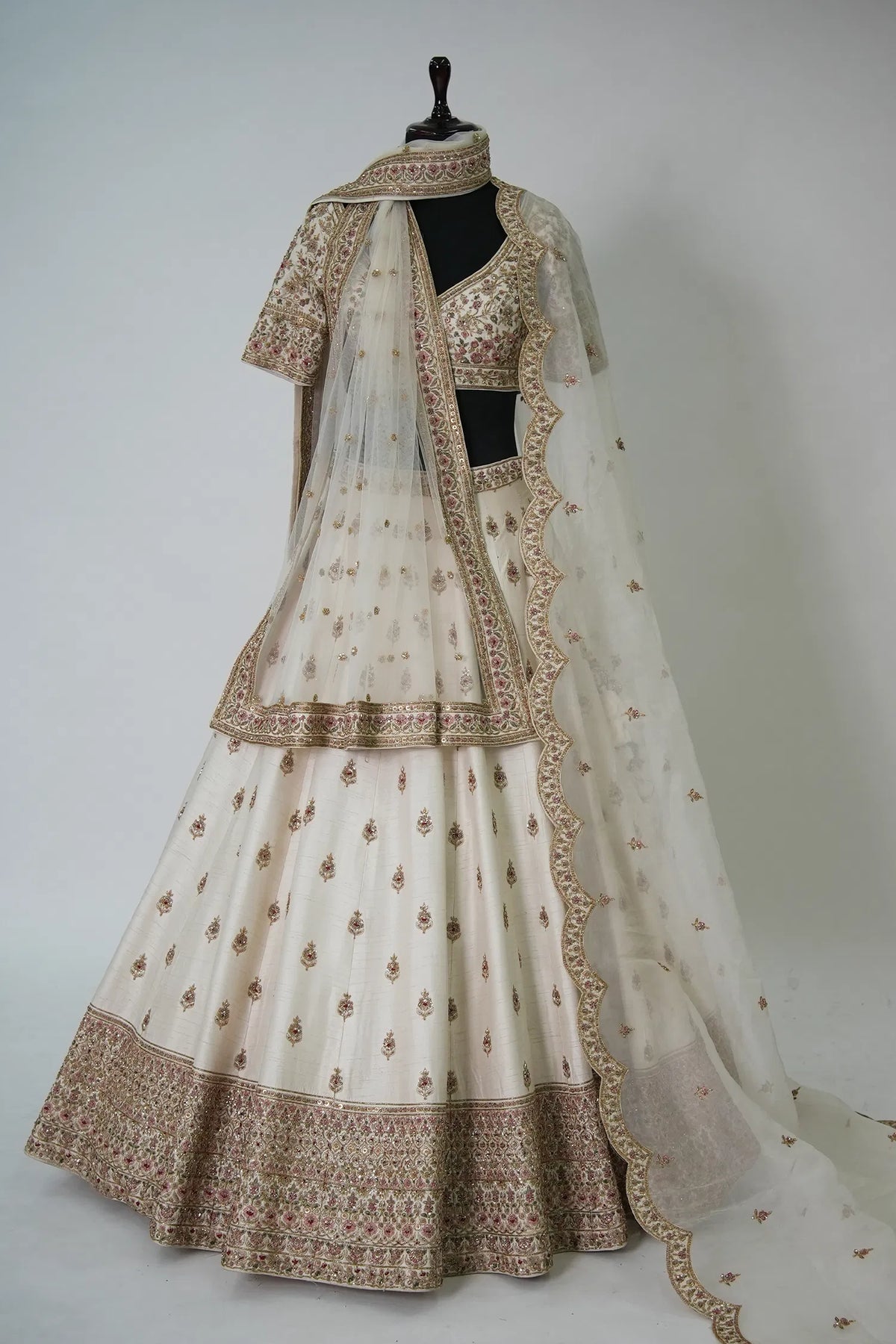 Off White Raw Silk Zari Sequin Embroidery Lehenga
