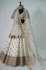 Off White Raw Silk Zari Sequin Embroidery Lehenga