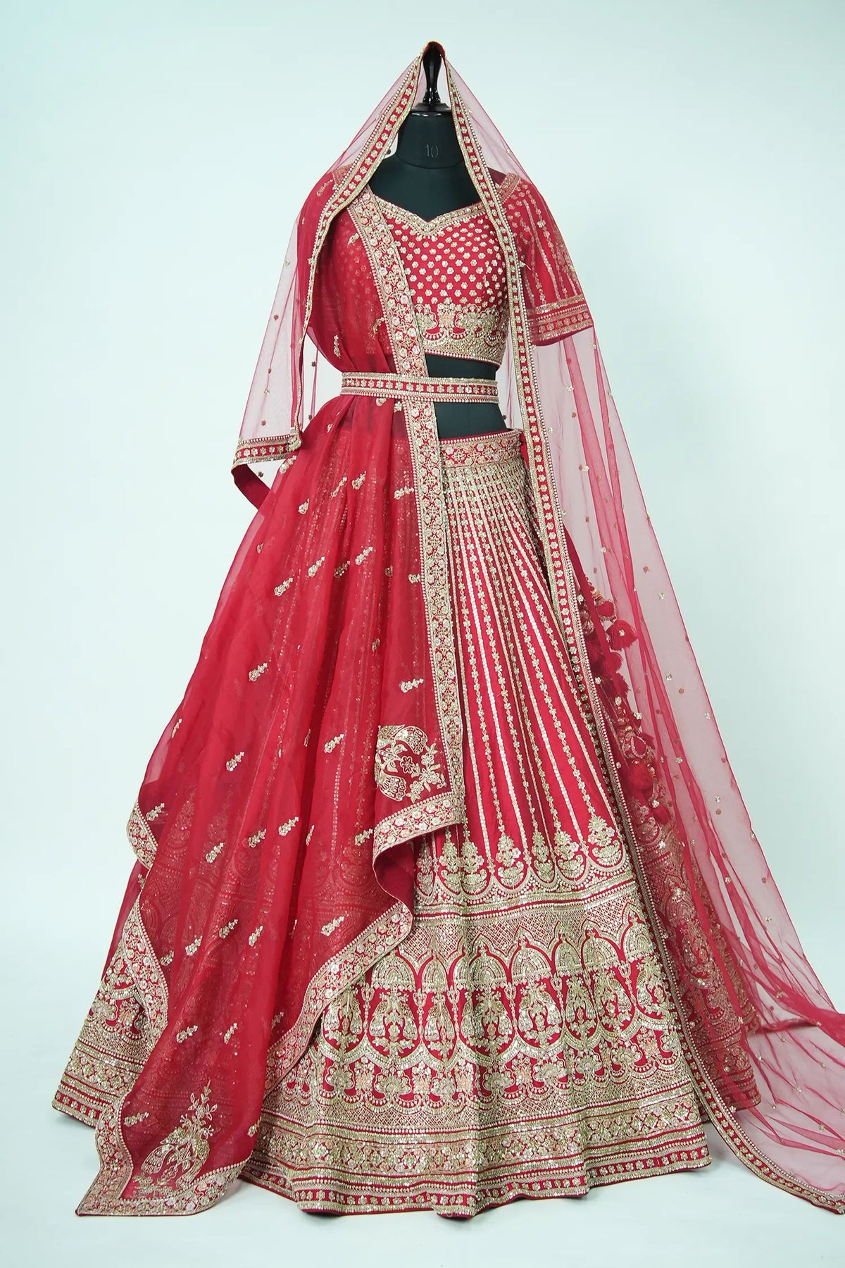 Red Raw Silk Designer Heavy Bridal Lehenga