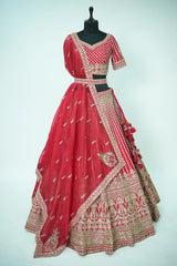 Red Raw Silk Designer Heavy Bridal Lehenga