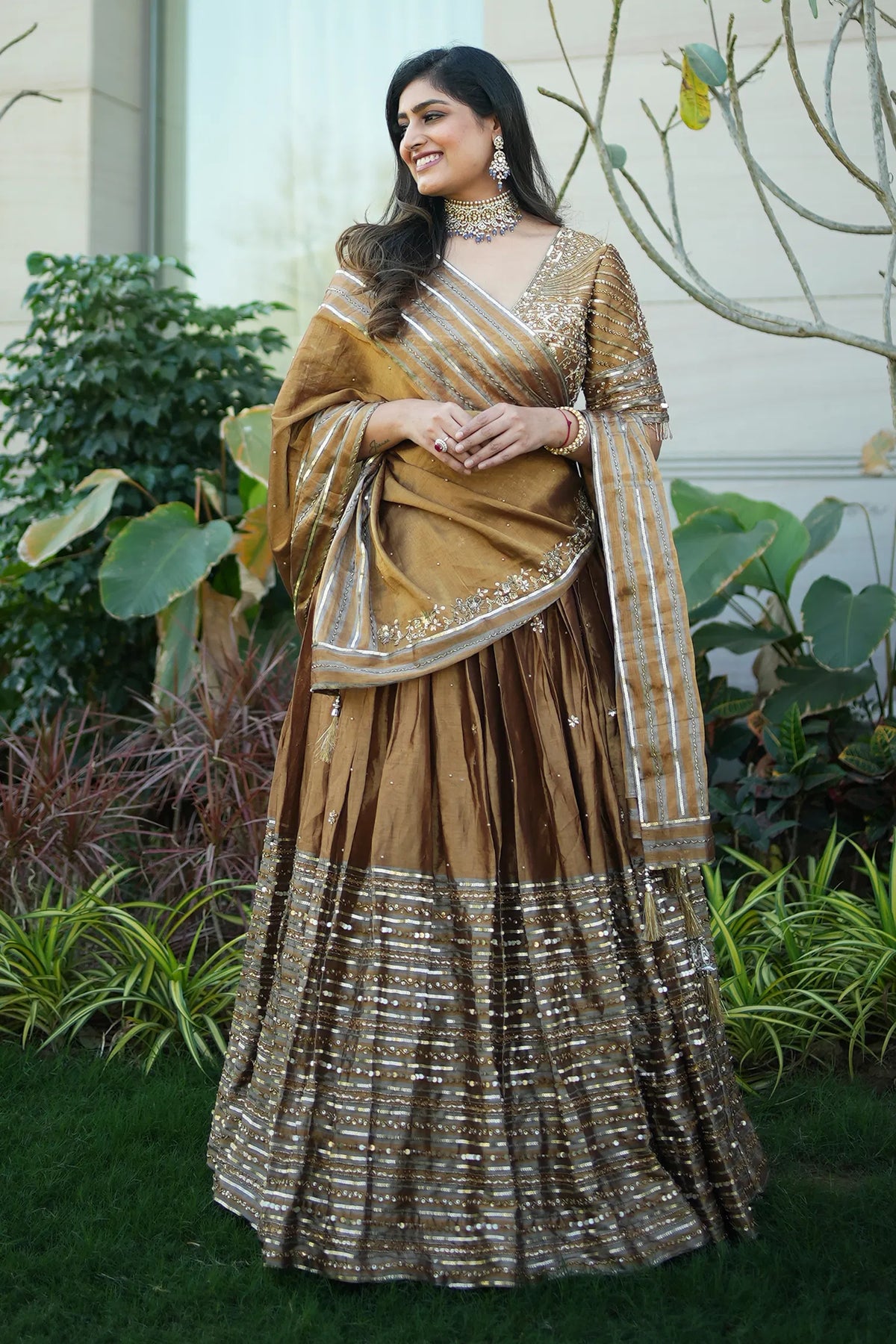 Golden Tissue Sequin Cutdana Worked Pleated Lehenga
