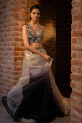 Grey and Black Ombre Lehenga with Designer Wrap Style Neckline Blouse