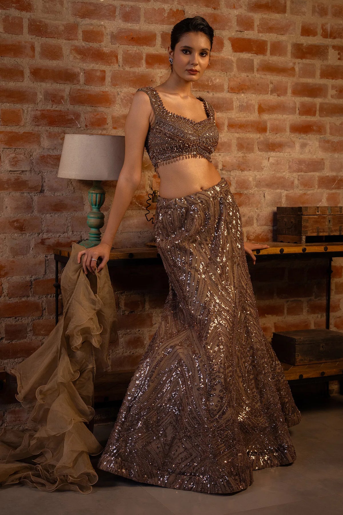 Brown Net Fish Cut Sequin Beaded Designer Lehenga