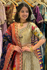 Golden Tissue Pleated Lehenga with Animal and Bird Motif Lehenga with Patola Dupatta