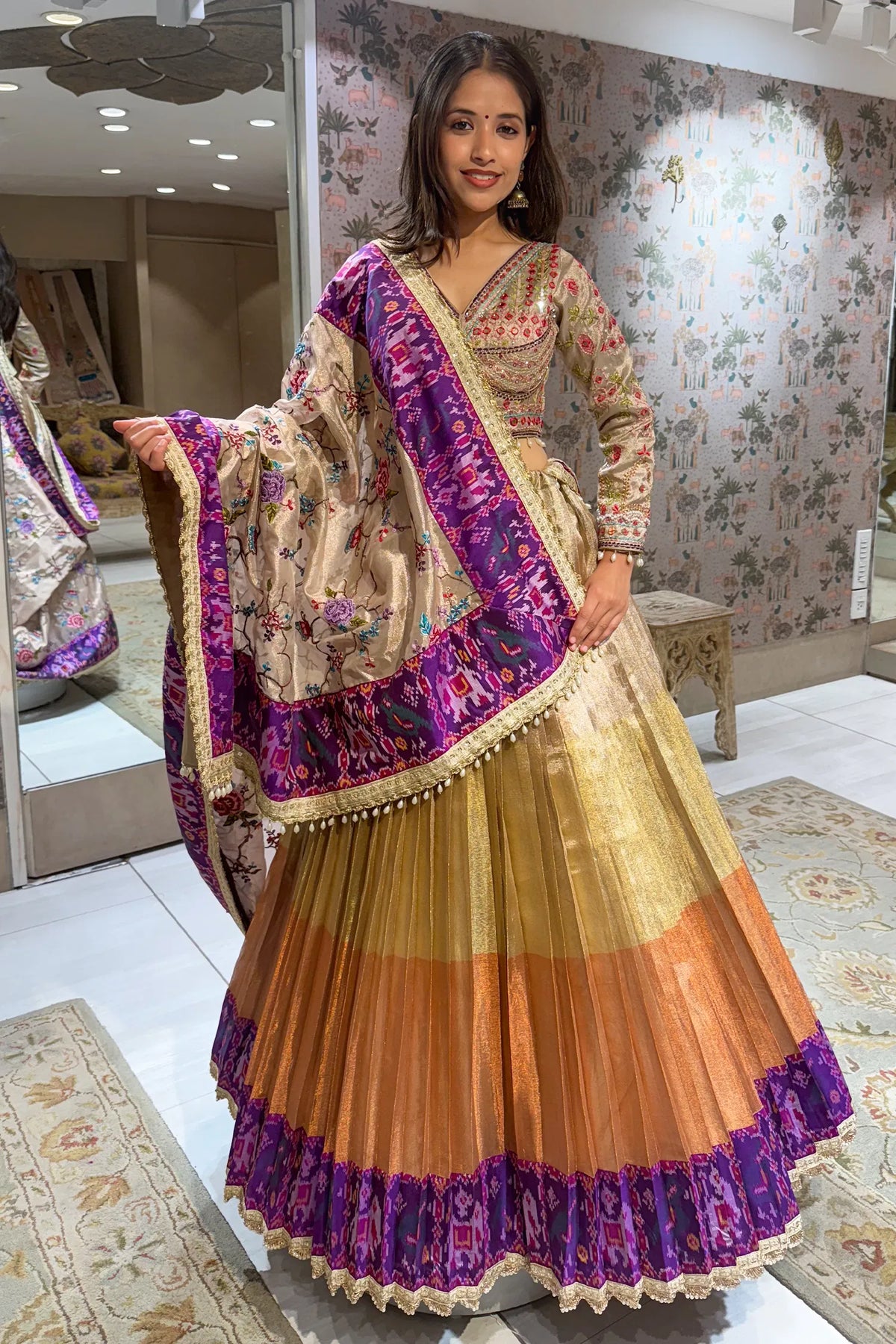 Golden Ombre Tissue Pleated Desginer Lehenga with Patola Border