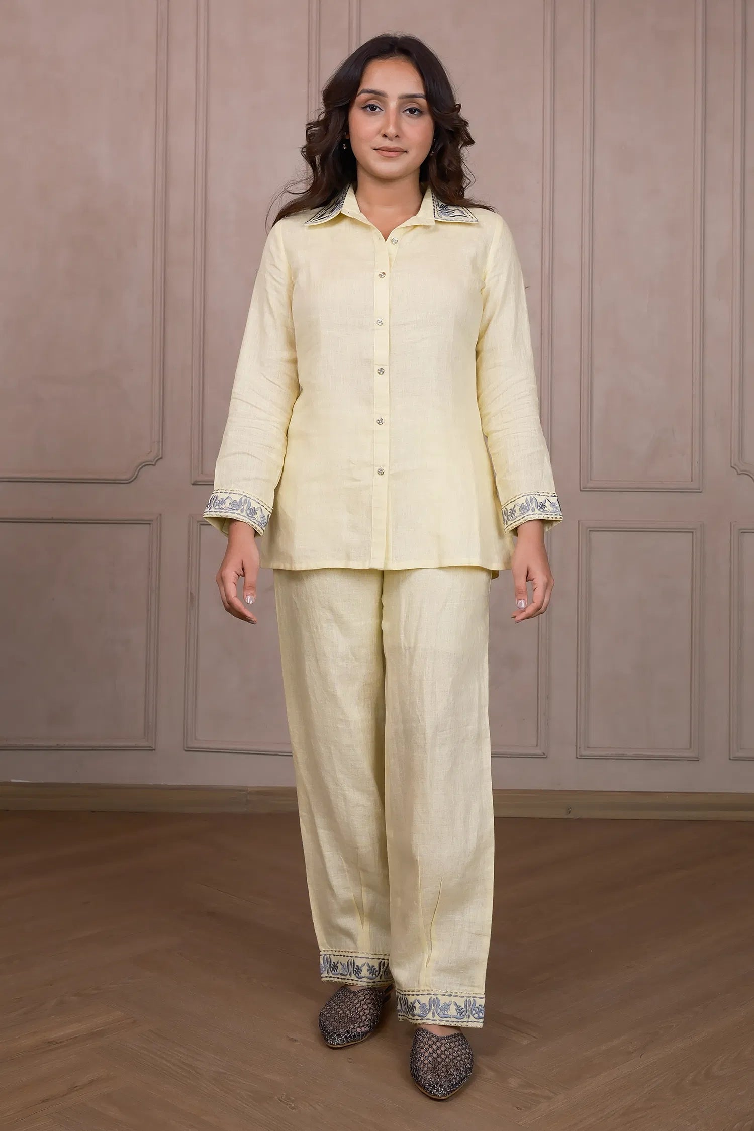 Light Yellow Linen Embroidered Co-Ord Set
