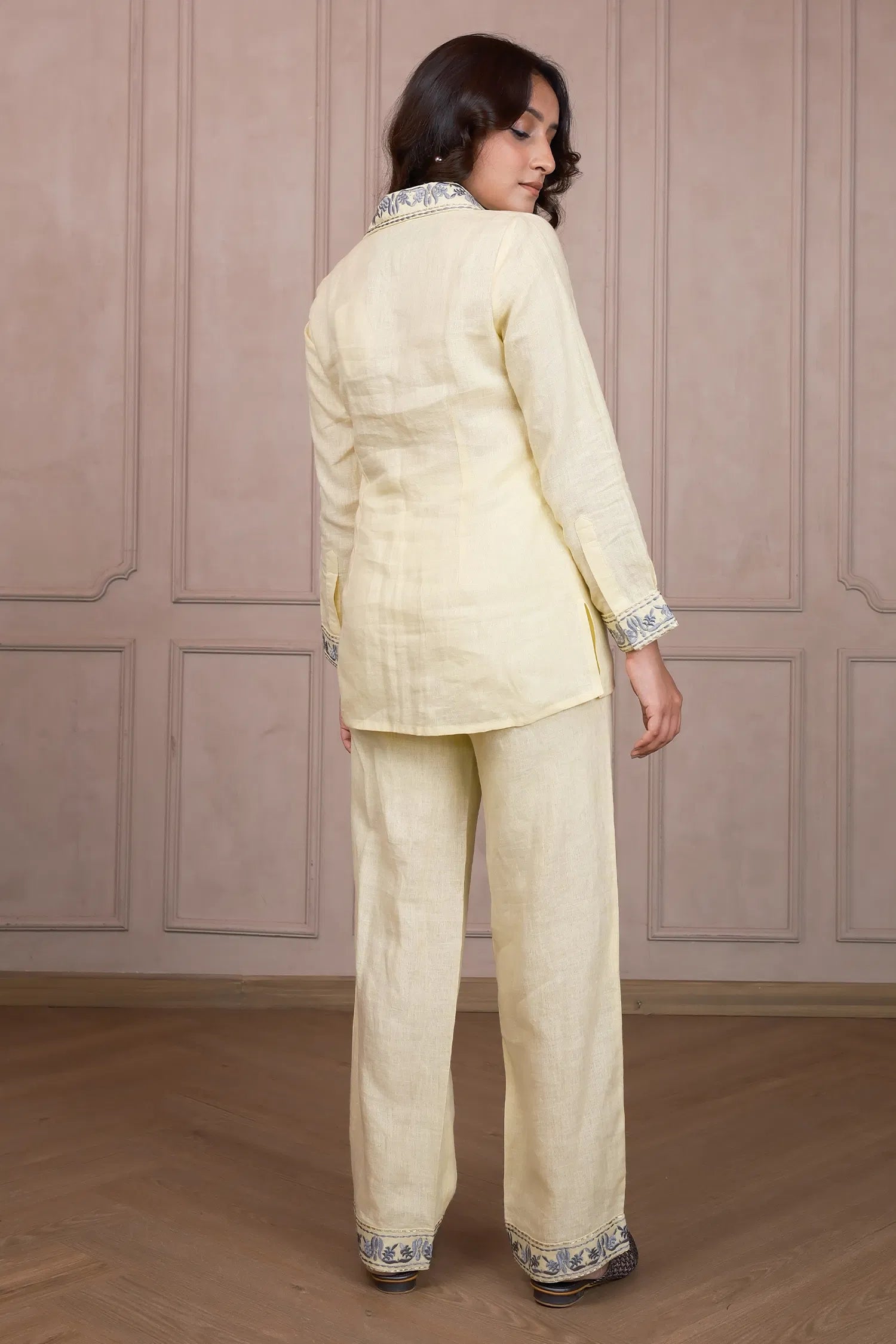 Light Yellow Linen Embroidered Co-Ord Set