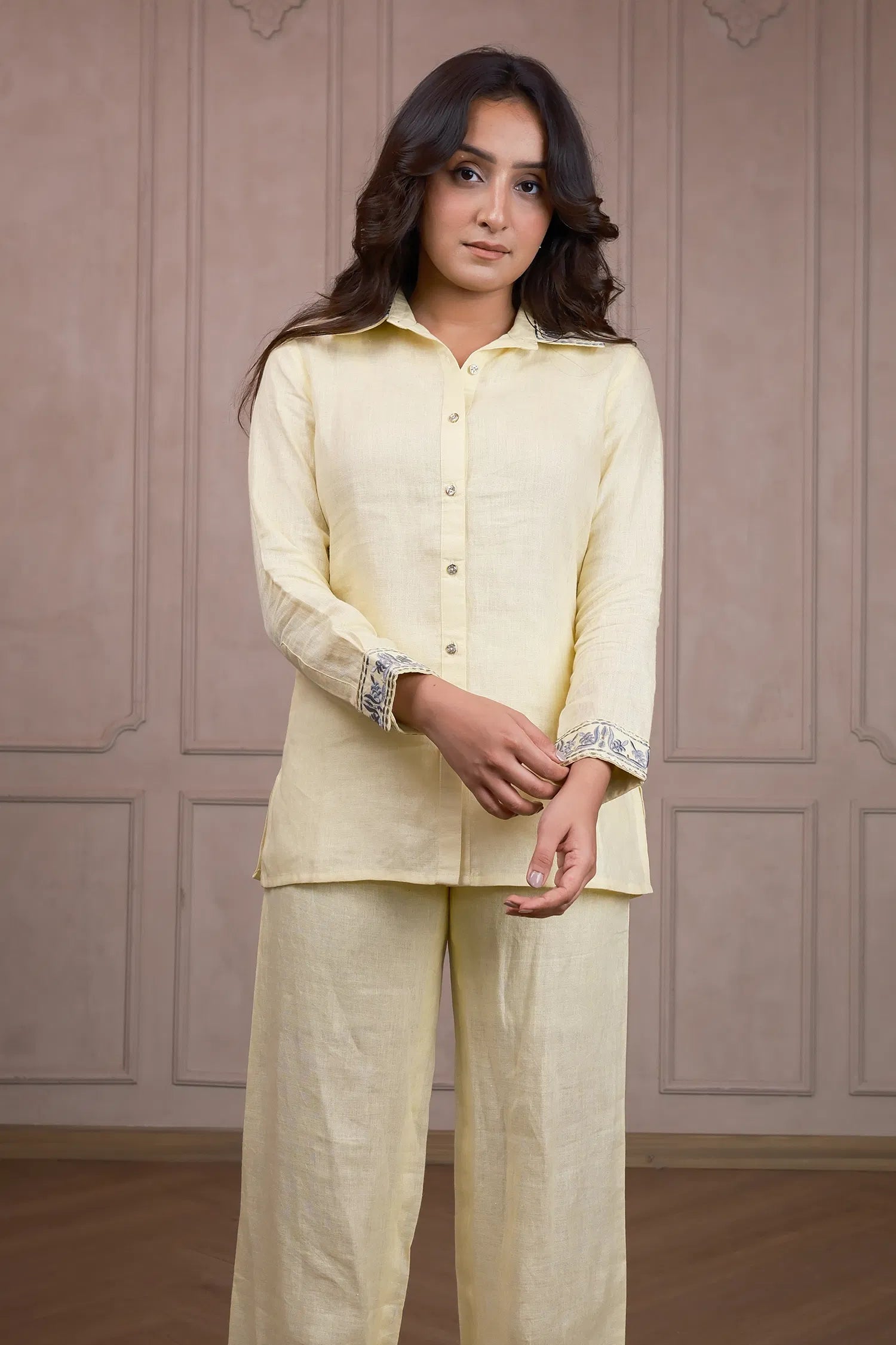 Light Yellow Linen Embroidered Co-Ord Set