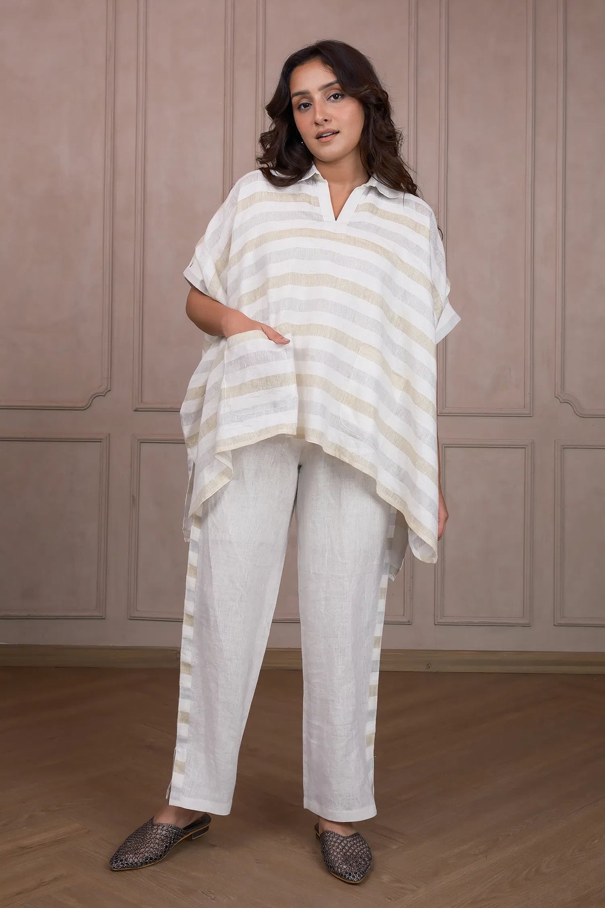 Off White Linen Stripes Printed Co-Ord Set with Pocket