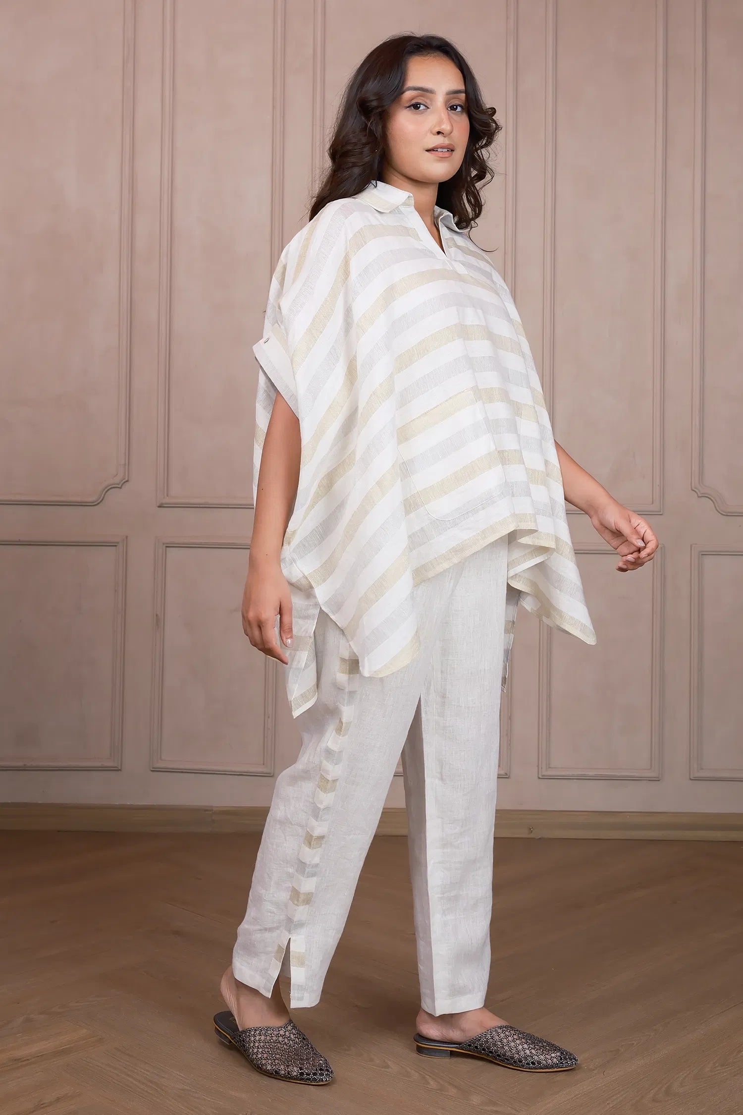 Off White Linen Stripes Printed Co-Ord Set with Pocket