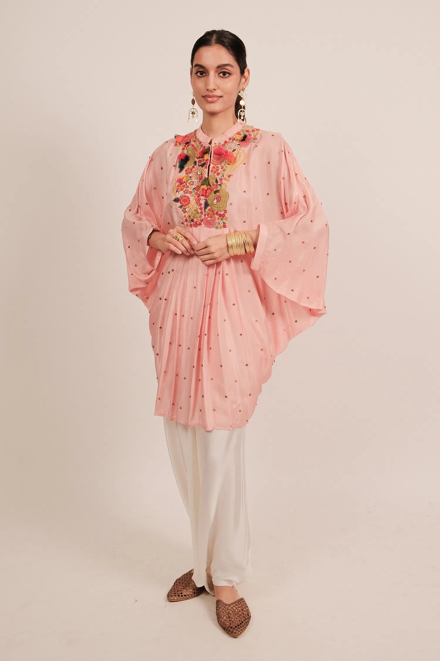 Light Pink Silk Intricate Thread Embroidery Kaftan Style Top