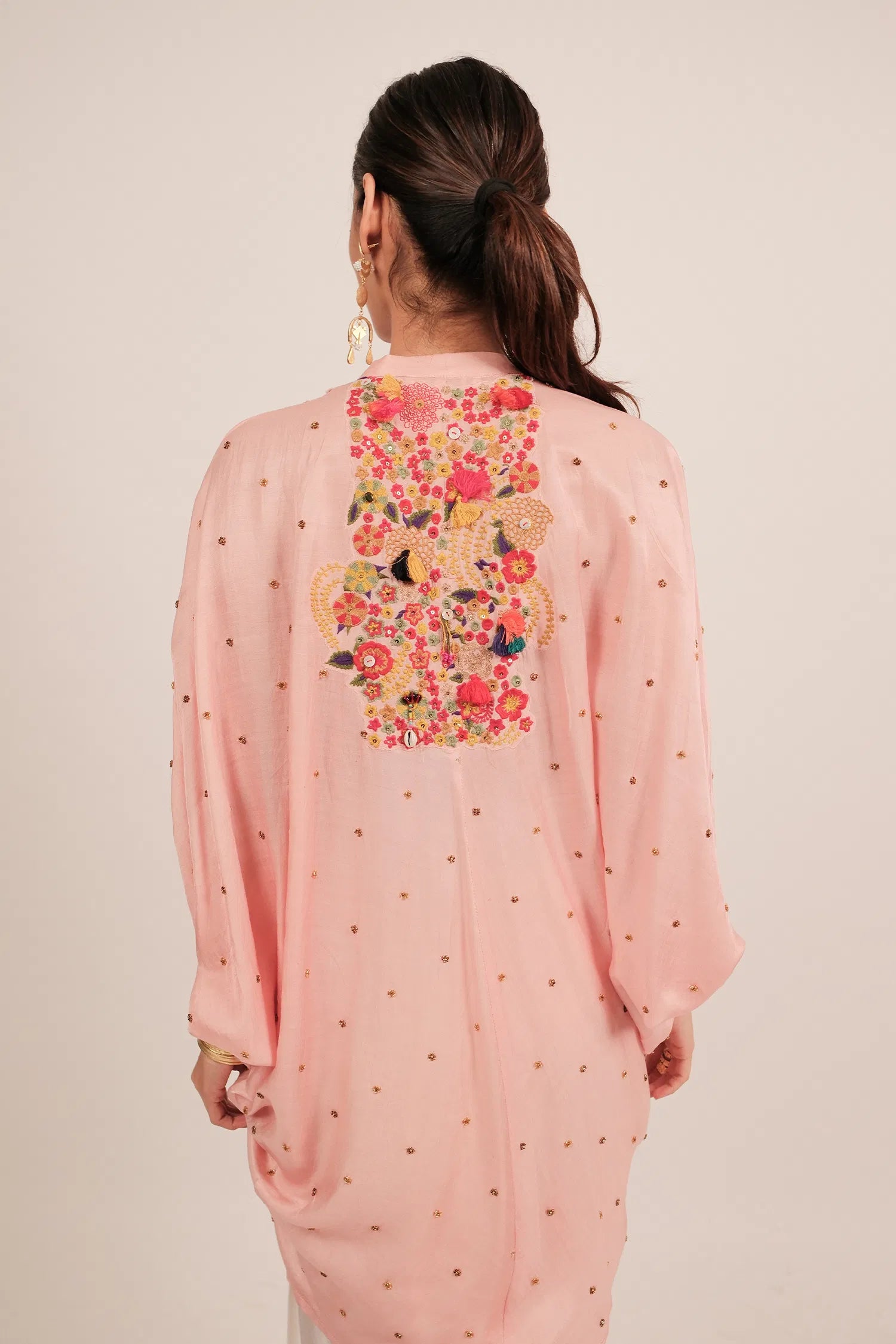 Light Pink Silk Intricate Thread Embroidery Kaftan Style Top
