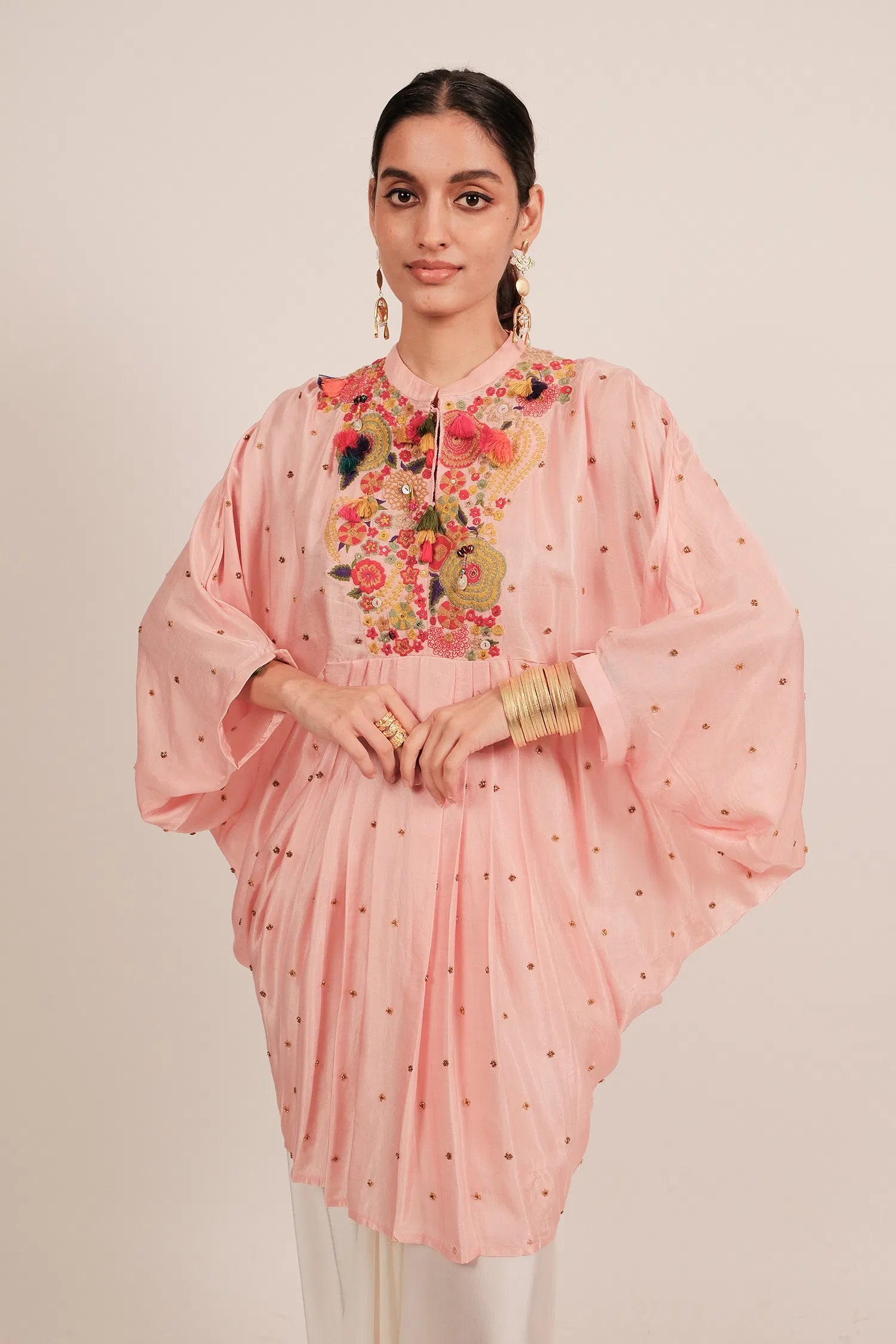 Light Pink Silk Intricate Thread Embroidery Kaftan Style Top