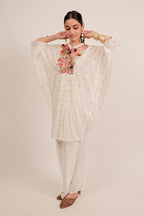 Pearl White Silk Intricate Thread Embroidery Kaftan Style Top
