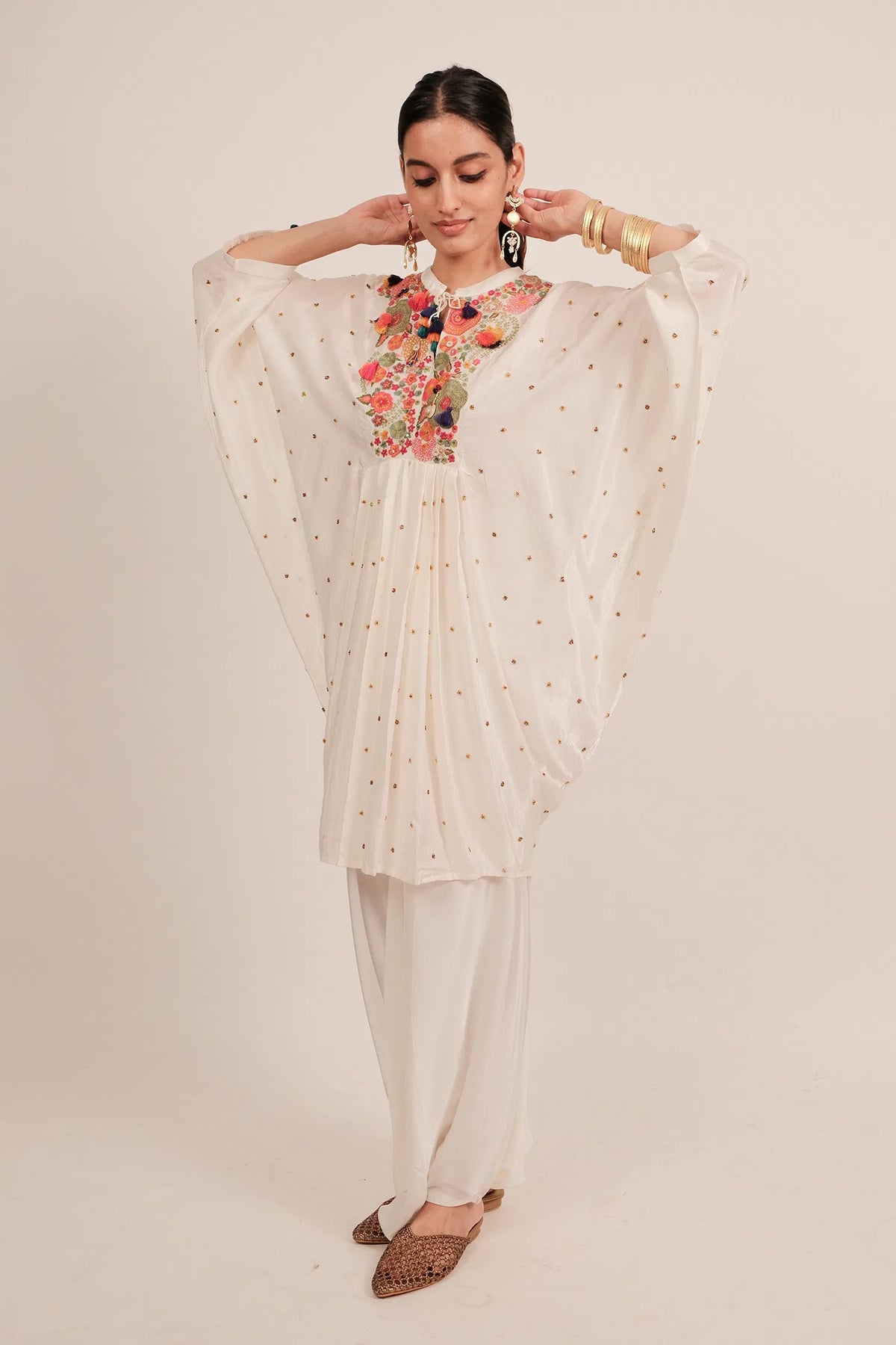 Pearl White Silk Intricate Thread Embroidery Kaftan Style Top